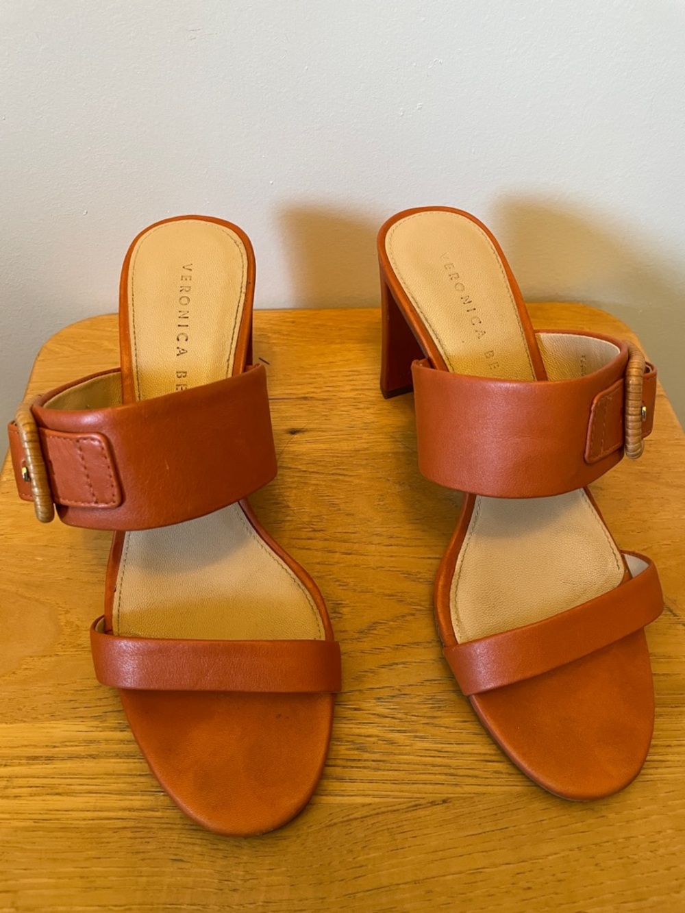 Veronica Beard Cognac Leather Buckle Block Heel Mules